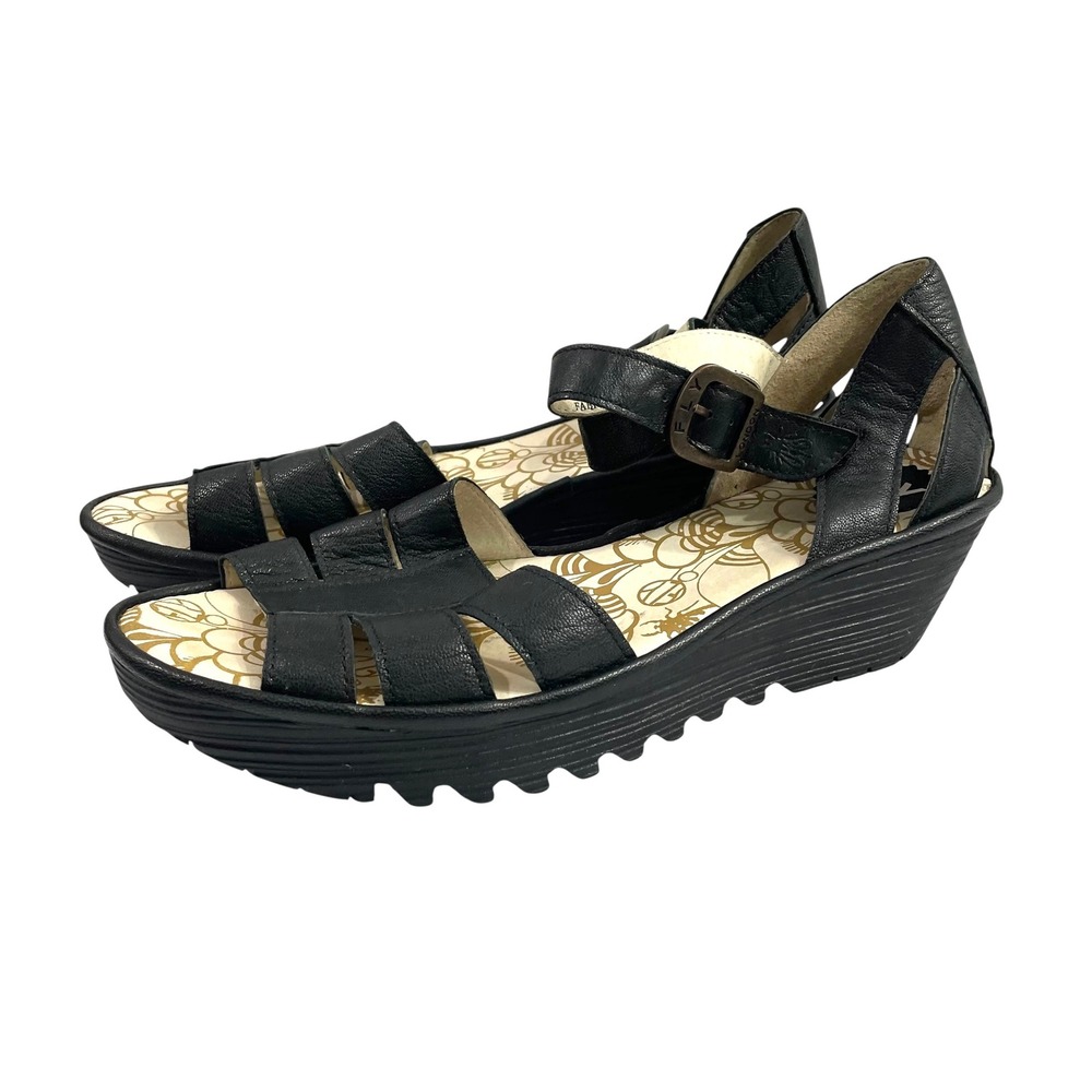 Fly London Rese black leather strappy wedge‎ sandals Size 41